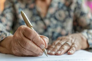 Up close picture of a senior citizen's hand with a pen filling out a senior real estate tax deferral application in Springfield, IL.