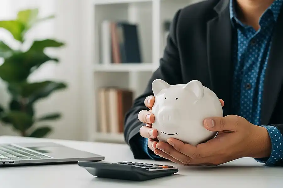 JLW Tax & Bookkeeping—Saving money and budgeting tips for business investment and financial planning with a consultant holding a piggy bank and a calculator at a desk in a Springfield, IL office.